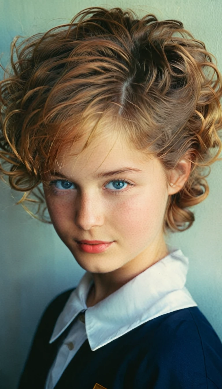 analog film photo, modern day photo of a young student, young youthful, transmale, dark blonde hair, short curly quiff, blueeyes, caucasian, round face, oval-shaped jawline, bulbous nose, full lips, thick eyebrows, soft features, (relaxed school uniform:1.1), silhouette, backlit, split lighting, half face in shadow, RAW Photograph, dslr, hard lighting, hard shadows, high quality, film grain, Fujifilm XT3, detailed skin with visible pores, insane details, masterpiece, 8k, 35mm photograph, dslr, kodachrome, faded film, desaturated, 35mm photo, grainy, vintage, Kodachrome, Lomography, stained, highly detailed, found footage, yearbook portrait, contemporary, 2024