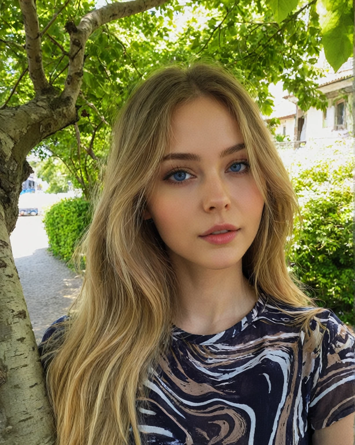 blonde with long hair and blue eyes stands in front of a tree, portrait of Sophie Mudd, dasha taran, Anna Nikonova, aka Newmilky, style of Yulia Razumova, Sidney Sweeney, anastasia ovchinnikova, Yulia Gorokhova, yelena belova, Angelina Stroganova, perfect face )