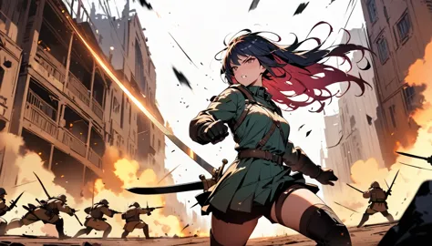 a girl with a sword confronting her enemies, masterpiece, best quality, blurring effect on the surroundings, front line of the b...