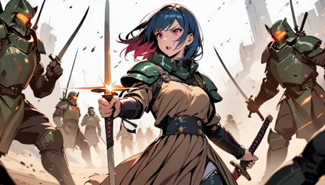 a girl with a sword confronting her enemies, masterpiece, best quality, blurring effect on the surroundings, front line