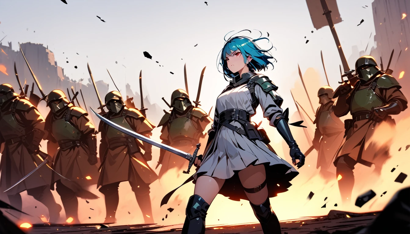 A girl with a sword confronting her enemies, masterpiece, best quality, Blurring effect on the surroundings, Front line