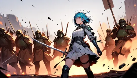 a girl with a sword confronting her enemies, masterpiece, best quality, blurring effect on the surroundings, front line