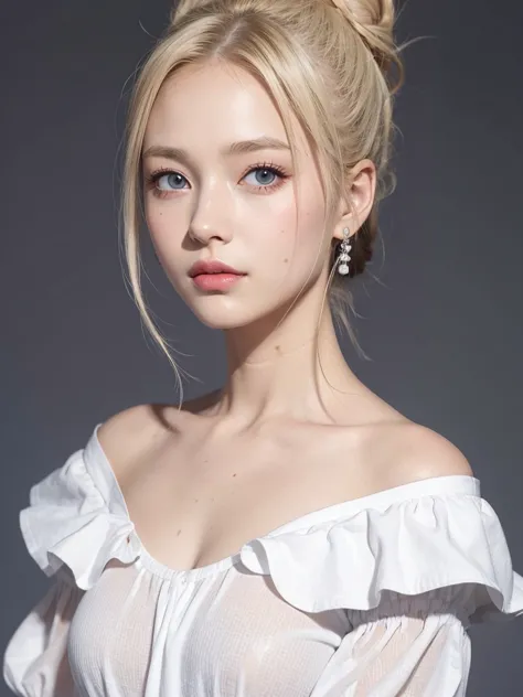 (((hair bun、blouse、off the shoulder、one piece、white background)))、amount、northern europe、russia、beautiful girl、platinum blonde h...