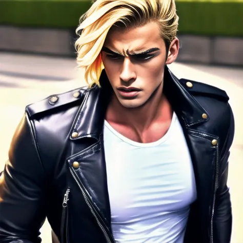 Blonde hair, leather jacket, police uniform, cool, handsome, young, handsome young man, restrained by busty beauty, looks frustr...