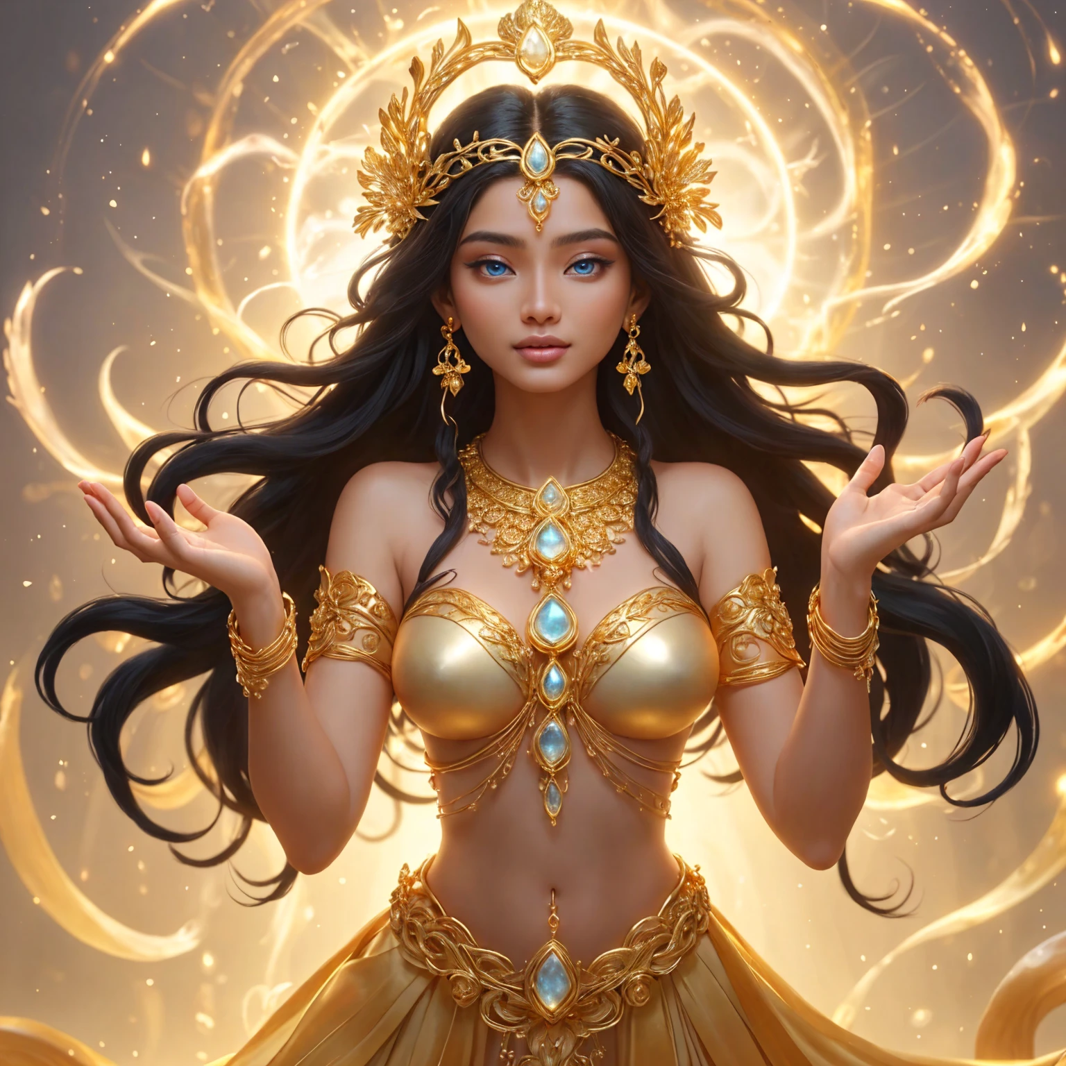 half-Indian woman Beautiful super model , pink mouth , blue eyes , In a golden robe sitting on a rock with a jellyfish, Jellyfish Priest, beautiful fantasy art, , Anemone , , Goddess of the Ocean, Goddess of the sea, , realistically, Fantasy Art HD, Asian female water element, 4k fantasy art , Fine gold jewelry , Beautiful aura