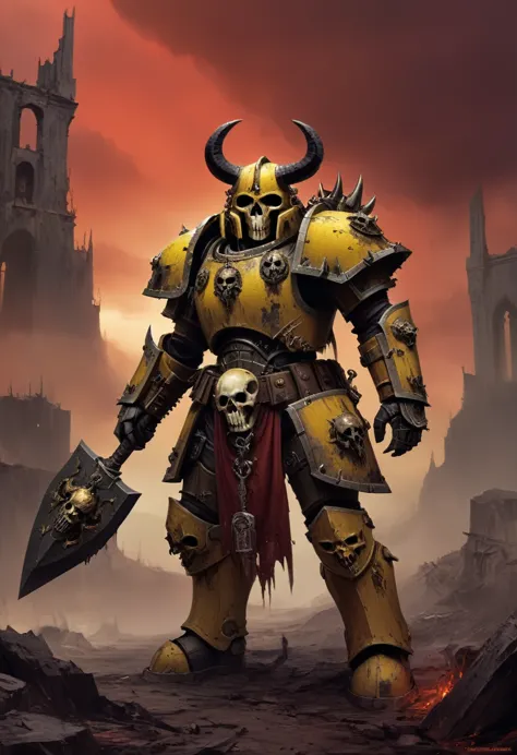 warhammer 40k, Human, clad in the grim armor of the Chaos Marines,  yellow armor,  Holding an axe, horse skull helmet, horns, gl...