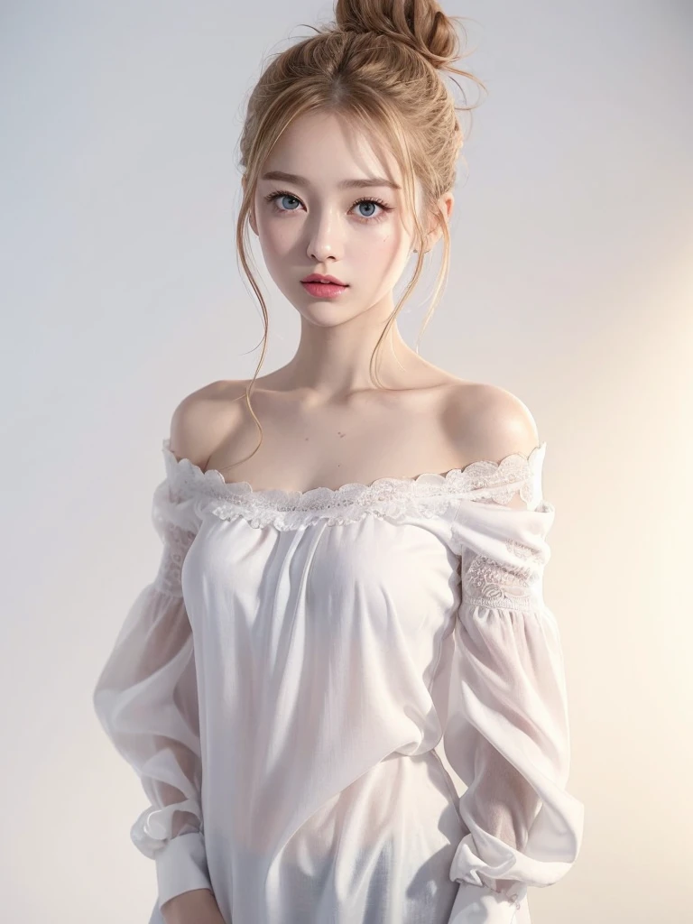 (((Hair Bun、blouse、Off the shoulder、one piece、White Background)))、amount、Northern Europe、Russia、beautiful girl、Platinum Blonde Hair、Straight Long Hair、Hitting the face and front of the eyes、Big Blue Eyes、Sheer white and wet nightgown、Northern Europeの若者、Perfect body、White tendon、Glowing Skin、Young and beautiful skin、A perfect and beautiful little face、Bright makeup、Pale pink lips、Bright expression、16-year-old girl、lipstick、Deceptive advertising、Audience&#39;Vision、Golden Hour Lighting、Bokeh Atmosphere Perspective、detailed、Movie Light、複雑なdetailed、High resolution、 フェイスデザインのdetailedな特徴、Attention to detail、Clear focus、Smoothness、aesthetics、Printed、Octane、{{masterpiece}}