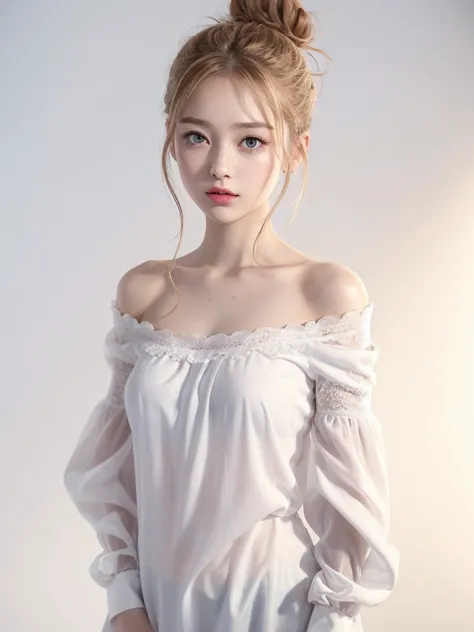 (((hair bun、blouse、off the shoulder、one piece、white background)))、amount、northern europe、russia、beautiful girl、platinum blonde h...