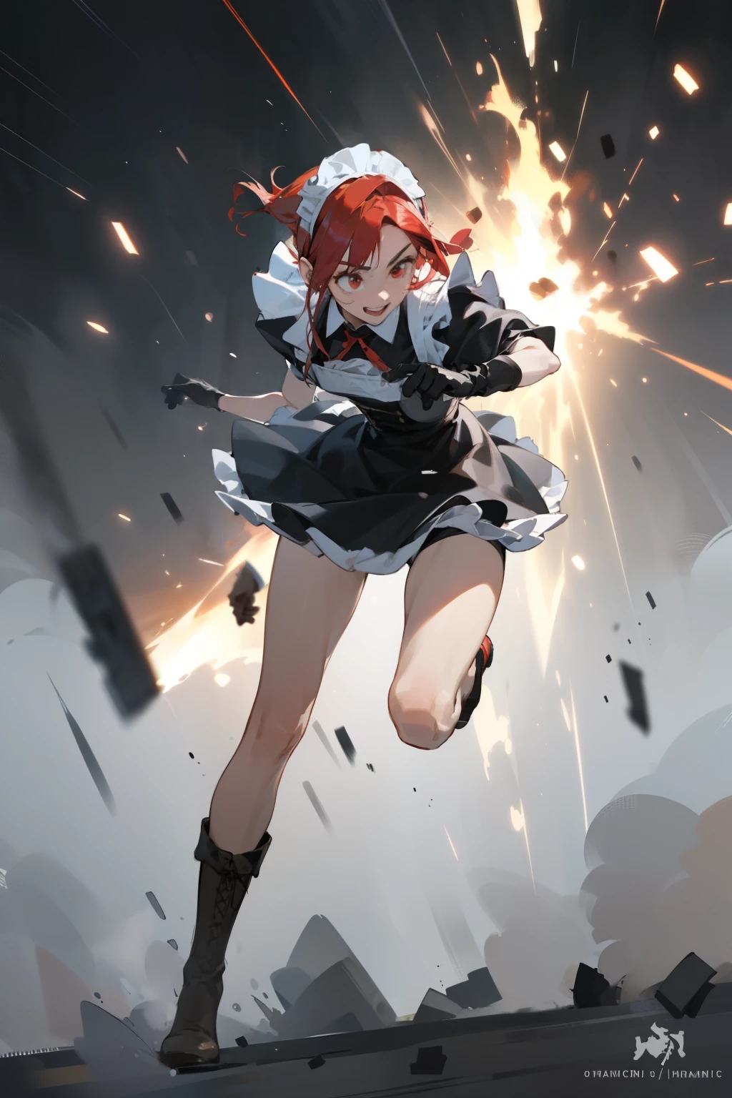 (masterpiece, best quality, super detailed, beautiful details eyes, Clean and delicate face), solo, (Red bob hair, red eyes), (maid costume, white maid headband), thigh, black gloves, army boots, (whole body), battle action, power movements, strenuous movements, Dynamic Motion Blur, grin, atmosphere full of steam, professional lighting, Dynamic action scenes