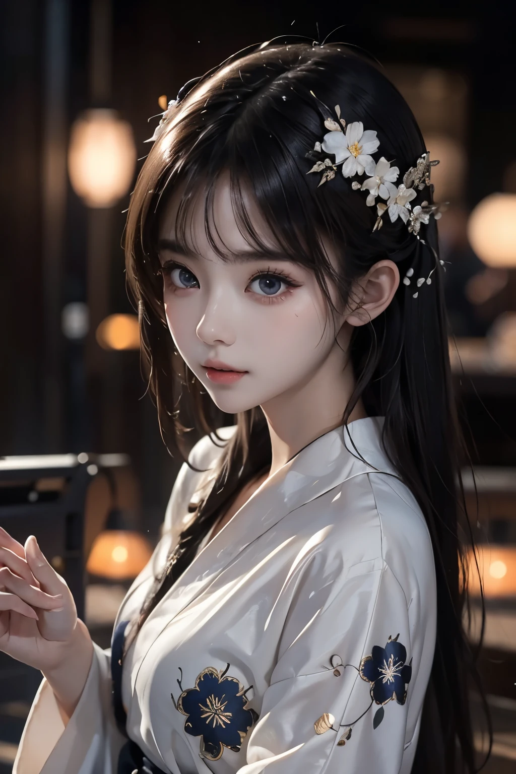 masterpiece,Highest quality,Very detailed,Black Haired Beautiful Girl,A white yukata with a beautiful pattern, teenager,Perfect Face,Beautiful and detailed eyes,Beautiful Skin,skinny,Dynamic,Night Sky,firework