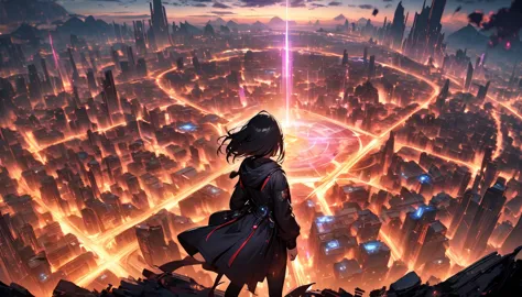 breathtaking graphics, angle from the ground, shooting epic shots: a huge magic rune hovering over the city, breathtaking landsc...