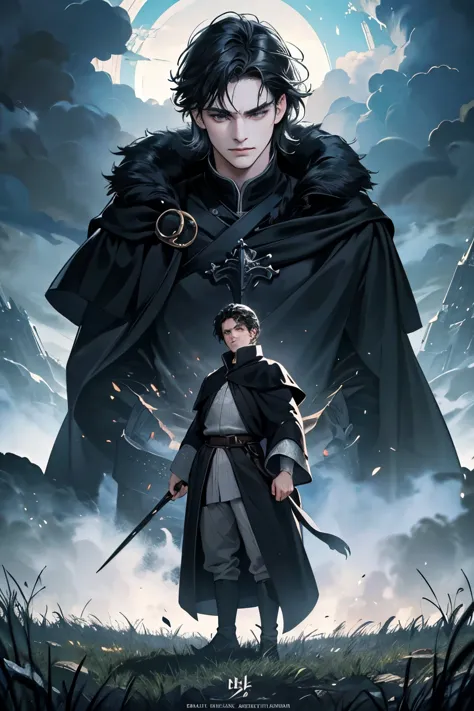 High quality masterpiece, super detailed, super emotion detailed, castle with grass, cold colours dramatic lighting, movie scene, anime style, perfect face, clean eyes, Middle Ages, clean emotions, full body! A cold mean man with black short curly hair, in expensive black Loose robe, with gray shining eyes, he is dark lord, he is cool. He is looking with warm smile to his adult daughter who also has black hair. super quality, 4K, clean eyes, super quality ever! detailed emotions! dark fantasy!, middle ages! They look happy, clear eyes, he is with his adult daughter!!!!!