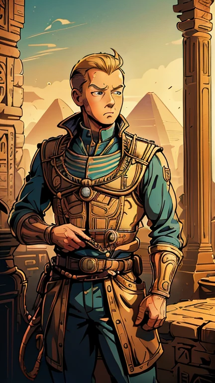 (1man, Tintin,1boy), (extremely detailed CG unit 8k wallpaper),(master part), (best quality), (ultra detail), (best illustration),(style of Dan Mumford), cowboy shot, (Sharp eyeliner, ombre, detailed eyes:1), Ancient Egyptian tomb interiors background, ,break , (OldEgyptAI), upper body,brunning,short hair ,blonde hair, 