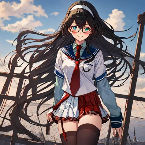 best quality, masterpiece, highres, solo, {ooyodo_kantaicollection:1.15}, black_hair, long_hair, glasses, hairband, semi-rimless...