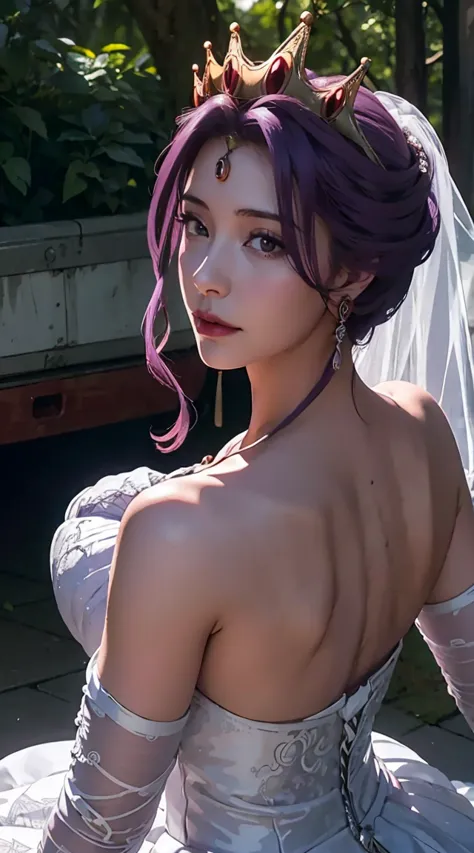 mirellia_q_melromarc, perfect_breasts, purple_hair, purple_eyes, jewelry, earrings, gloves, dress, cleavage, bare shoulders, col...