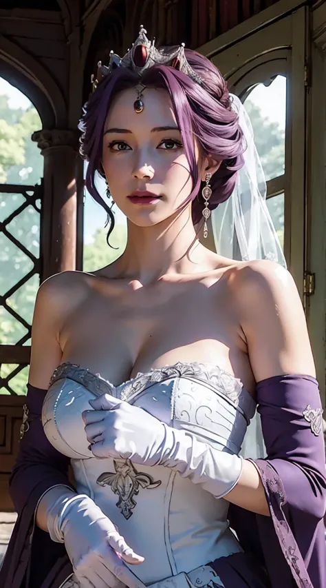 mirellia_q_melromarc, perfect_breasts, purple_hair, purple_eyes, jewelry, earrings, gloves, dress, cleavage, bare shoulders, col...