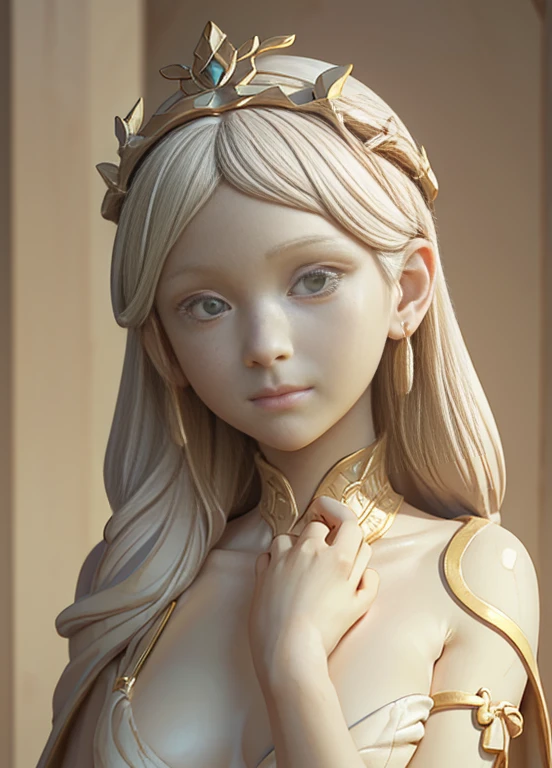 (Highest quality, ultra-high resolution, ultra-high definition, masterpiece of historical Greek sculpture) (High-definition CG illustration: 1.2) One girl, milky stone statue, almost naked, ancient Greek stone statue (photographic, cute little girl) (mini, petite) (younger age, looks young) (realistic anime face, anatomically correct eyes, large pupils, large face, beautiful face is prioritized) Fully naked with a large thin cloth, cloth clinging to the skin, flowing wrinkles in the cloth, laurel crown on the head, ivy sandals, standing figure, composition showing the upper knees, world of Greek mythology, mysterious lighting, milky white mainly with gold decoration, effective use of LoRA,