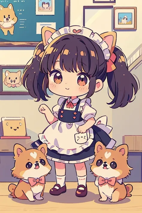 highest quality,masterpiece,dog cafe,girl clerk,maid clothes,(pomeranian,multiple small dogs 1.3),anime style,cute,twin tail hai...