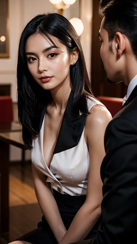 30 years old wide jaw sharp nose thick eyebrows straight long black hair European girl in suit on a date 