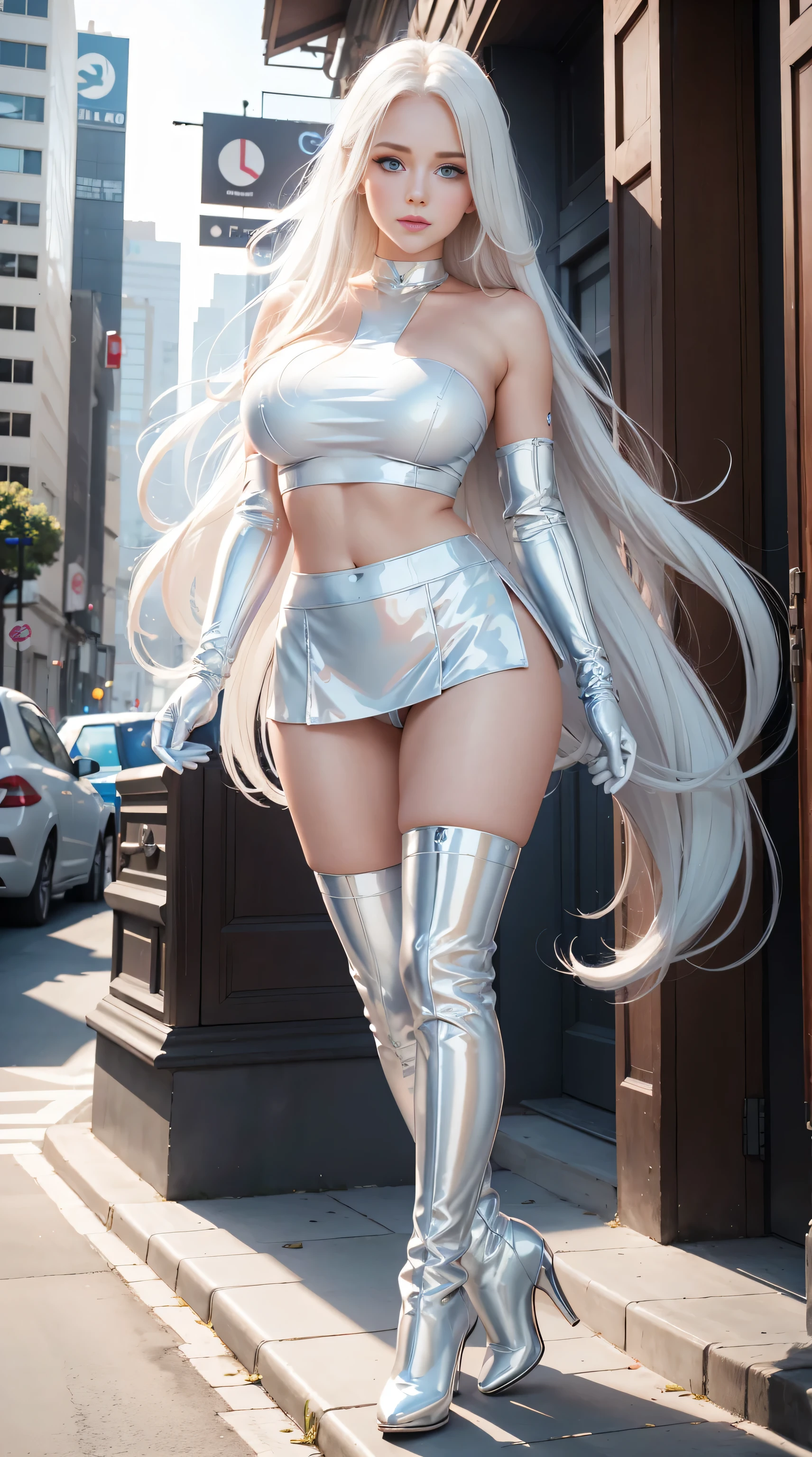 Full body, beautiful blue eyes, blush, cute face, high quality, 8k, high resolution, (1 cute woman, solo: 1.1), gigantic breasts, lips, beautiful background, long white hair , shiny white crop top, shiny white skirt, shiny white gloves, shiny white heel boots, naked shoulders