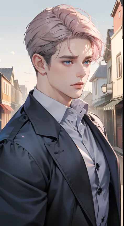 masterpiece, best quality, realistic, 1man, mature male, quiet and charming young man, 35 years old, close his eyes, serious, closed mouth, extremely detailed face, cold, ((dark grey blue eyes)), ((short-right-swept dark grey pink hair)), [thick eyebrows], ((hunter)), accurate, detailed, ((town))