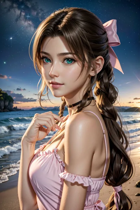 
Aerith,FF7, Long Hair, bangs, Brown Hair, bow, ribbon, jewelry, Green Eyes,  hair ピンクribbon, Braiding, hair bow, Side Lock, cho...