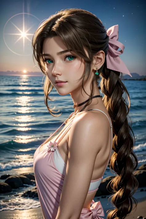 
Aerith,FF7, Long Hair, bangs, Brown Hair, bow, ribbon, jewelry, Green Eyes,  hair ピンクribbon, Braiding, hair bow, Side Lock, cho...