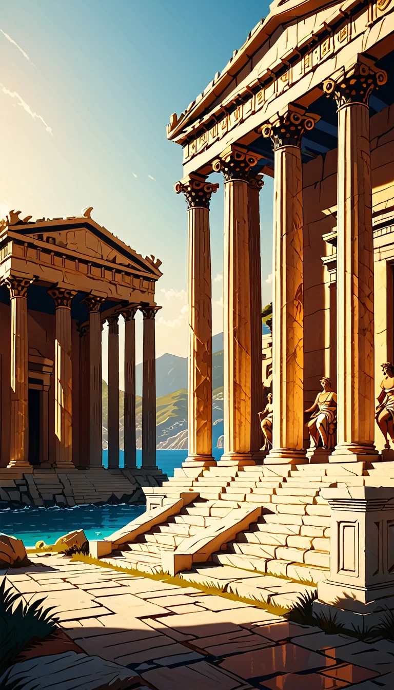 a detailed ancient greek temple with greek columns, ancient greek gods statues, ancient greek fire, ancient greek island landscape, 8k, ultra-detailed, hyperrealistic, intricate, dramatic lighting, dramatic shadows, warm color tones, cinematic, photorealistic, masterpiece, ornate details, exquisite textures, epic scale, grandiose, imposing, mesmerizing, awe-inspiring, stunning, breathtaking, mhk_comics