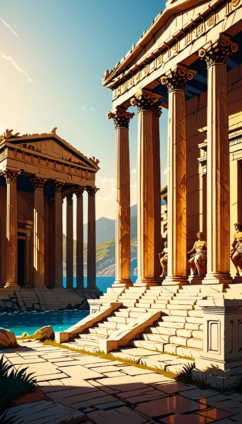 a detailed ancient greek temple with greek columns, ancient greek gods statues, ancient greek fire, ancient greek island landsca...