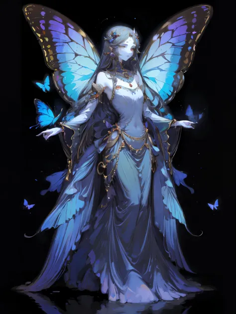 (1 Anthropomorphism of butterflies), (Standing full body), (Full body standing), 1 Princess，(Standing full body)，Solitary, Long skirt，role conception, peculiar, masterpiece，Top quantity，Best quality，Ultra-high resolution，Exquisite facial features
