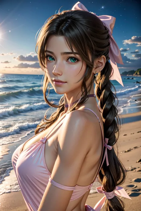 
Aerith,FF7, Long Hair, bangs, Brown Hair, bow, ribbon, jewelry, Green Eyes,  hair ピンクribbon, Braiding, hair bow, Side Lock, cho...