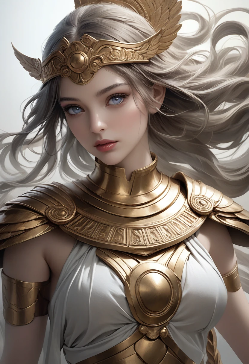 Athena by Giustiniani from ancient greek art, digital art, 2D, highly detailed face, detailed eyes, long eyelashes, beautiful lip detail, highly detailed face and features, decorative armor, flowing hair, dynamic pose, dramatic lighting, muted color palette, digital painting, concept art, (highest quality, 4k, 8k, high resolution, masterpiece: 1.2), highly detailed, (realistic, photo-realistic, photo-realistic: 1.37)