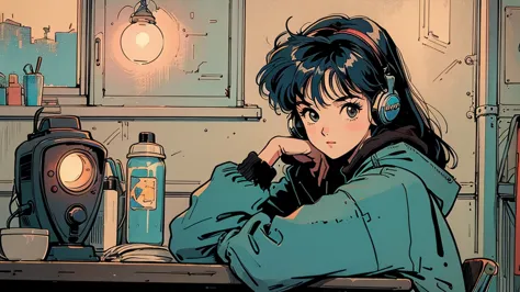 80s anime style: wide shot of cute 21-year-old girl with long blue hair in dimly lit bedroom at night. sitting at desk with book...