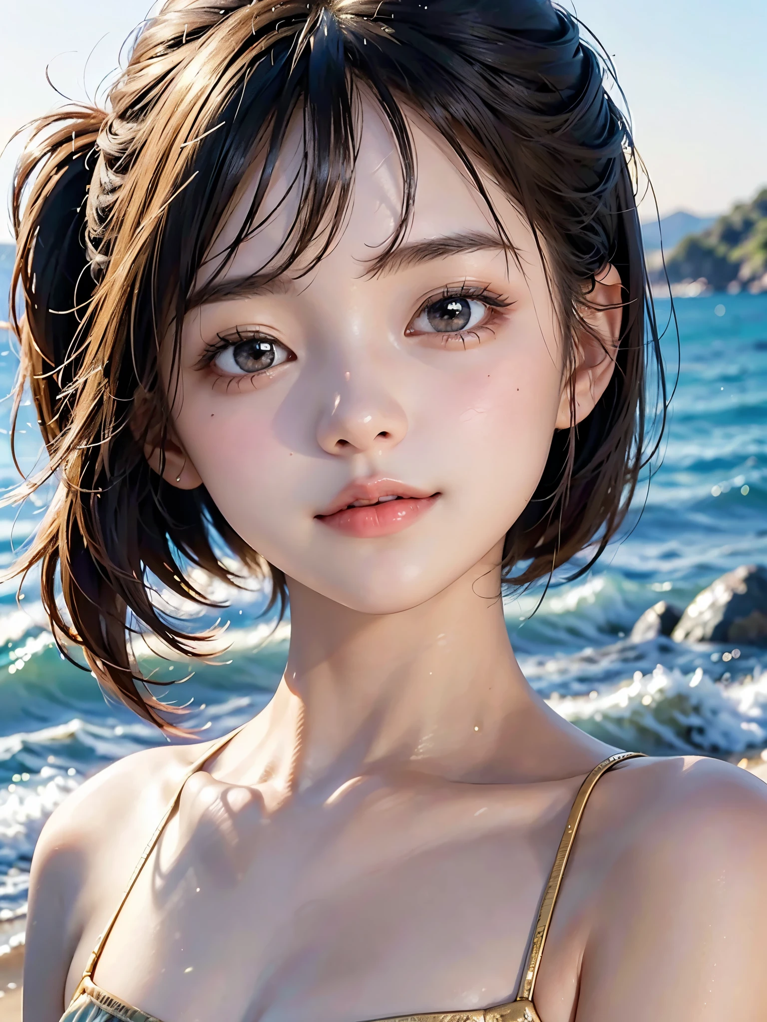 One Girl，(1人のとてもcute女の子:1.3)，masterpiece，Highest quality，High resolution，From below，Low - Angle，Photorealistic，RAW Photos，Ray Tracing，Physically Based Rendering，beautiful girl，(15 years old:1.3)，cute，Big eyes，(detailed pupils:1.2)，(The face is facing straight ahead:1.3)，Body facing forward，Beautiful nose，High nose，Upturned nose，Fuller lips，Short black hair，ponytail，short hair，Detailed eyelashes，Thin eyebrows，Very fine grain definition，(Symmetrical eyes，Golden Ratio:1.3)，(Face close-up，Face Focus:1.0)，Small breasts，Short neck，White swimsuit，White Bikini，The background is the sea，Southern Island，sunset，Sunset，Portrait，View Viewer，Upper Body，Cinema Lighting，High resolution，Very detailed