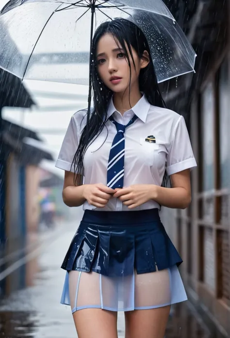 1girl, long black hair, uniform, shy, blush, wet, rain, transparent, (masterpiece, best quality), soft light, cinematic composit...