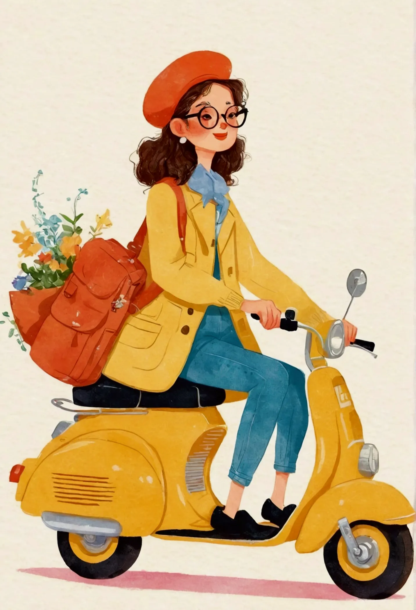illustration of a woman riding a scooter with a bag on the back, illustration style, in style of digital illustration, by Kaya F...