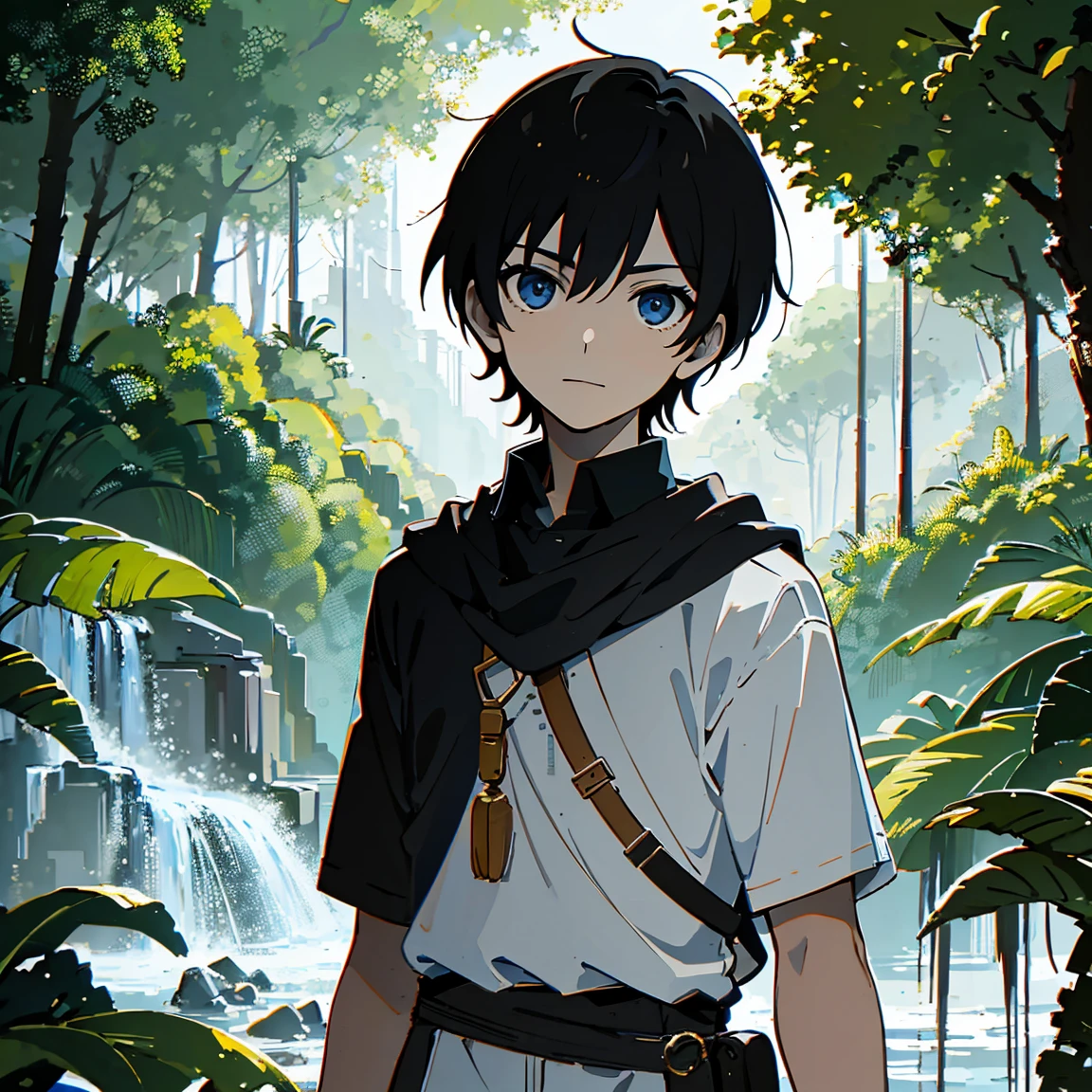 very young boy, dnd, human, black hair, jungle, sunlight, bustshot