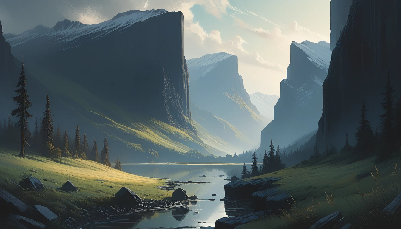 A highly detailed and hyper-realistic image by Alena Aenami, Archibald Thorburn, and Daniele Afferni, featuring a surreal valley vista. The valley is surrounded by towering cliffs and lush vegetation in the style of monochromatic silhouette reflection, with a limited dark palette including charcoal black, various grays, and white, accented by bright touches of gold and cobalt green. Atmospheric haze and highly dramatic cinematic lighting create a breathtaking and mysterious scene. Motion blur and film grain add a professional touch, while the composition captures the finest details, achieving the ultimate detail level. This results in a stunning masterpiece of the best quality.