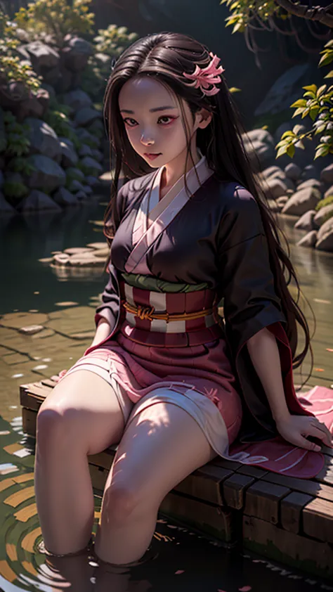 teks dengan kamera
a female character, wearing a plain colored kimono, named "nezuko" in the story "demon slayer" with pink eyes...