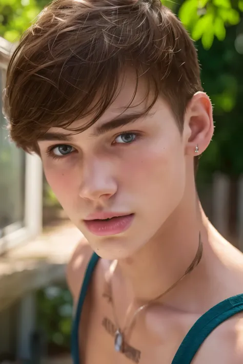 a photo of a twink guy, translucent skin, detailed  bright skin, pale skin, looking at viewer,  18-year-old,  brown hair,  seductive expression,jawline  4k high quality, sharp focus, high resolution, depth of field, outdoors, natural light,  DavidLaid