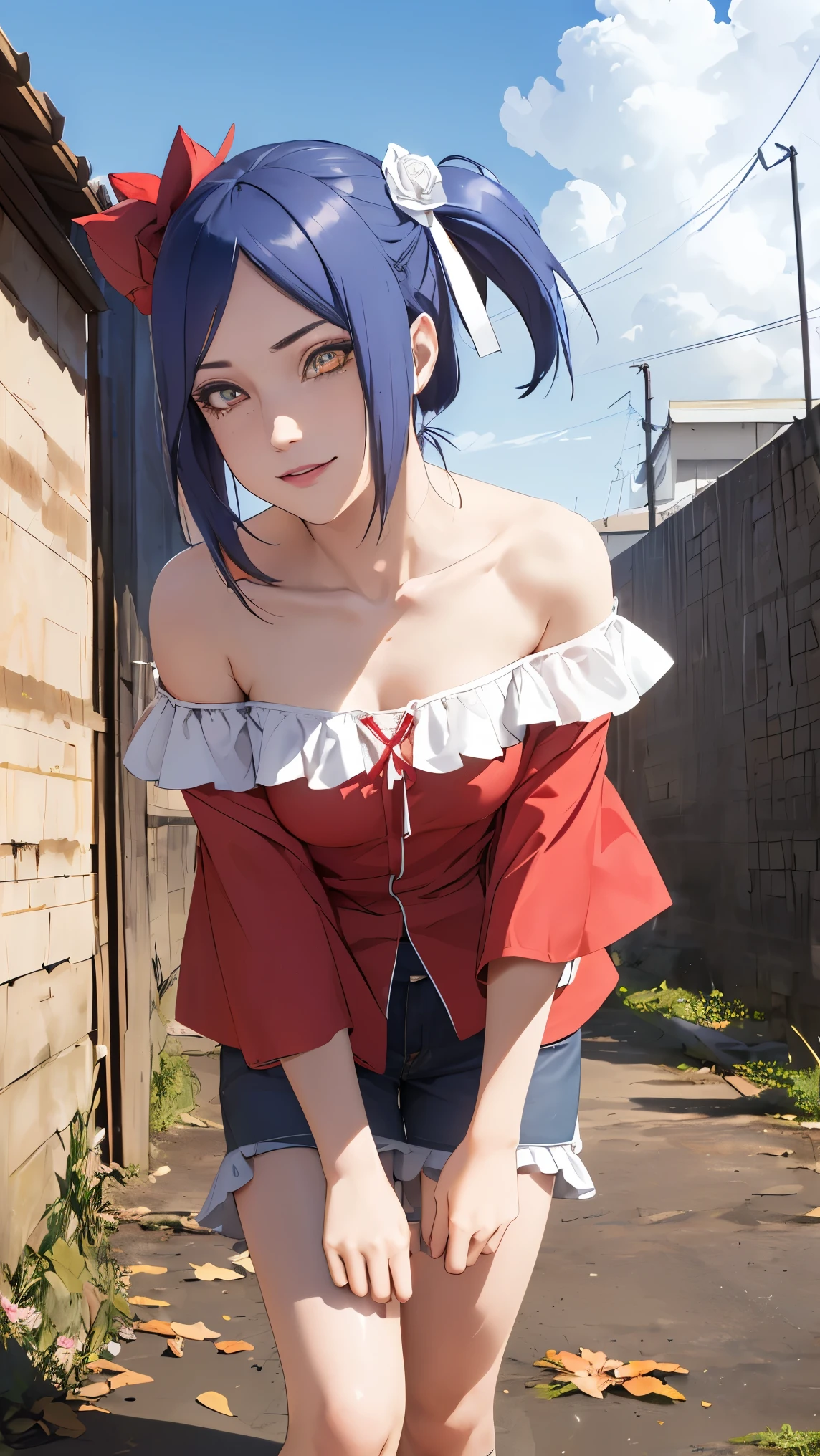 （（danya，konan \(naruto\),konan, blue hair, Orange pupils, short hair, hair ornament, flower, hair flower, ）））
BREAK ((shirt, bare shoulders, twintails, collarbone, hair ribbon, white shirt, frills, off shoulder, red ribbon, short twintails, off-shoulder shirt, frilled shirt:1.5)) 
BREAK smile, outdoors, leaves in wind, looking at viewer, debris, cloud, sky, blue sky, stadium, wind lift, standing, leaf, leg up,
BREAK (masterpiece:1.2), best quality, high resolution, unity 8k wallpaper, (illustration:0.8), (beautiful detailed eyes:1.6), extremely detailed face, perfect lighting, extremely detailed CG, (perfect hands, perfect anatomy),