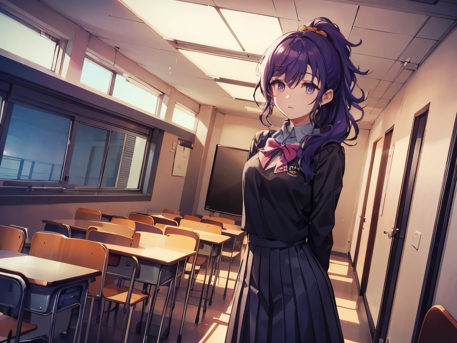 （Standing，Put your hands behind your back）masterpiece，high quality，1 girl，(purple eyes,purple hair)，Medium chest，High Ponytail，Fine hair，Detailed face，（Fine eyes），student，（school uniform）,Dark blue bow tie，Long skirt，Black clothes，Bare Legs，Black leather shoes，in the classroom，Good behavior，beauty，Anime style,(Dim light)，dusk