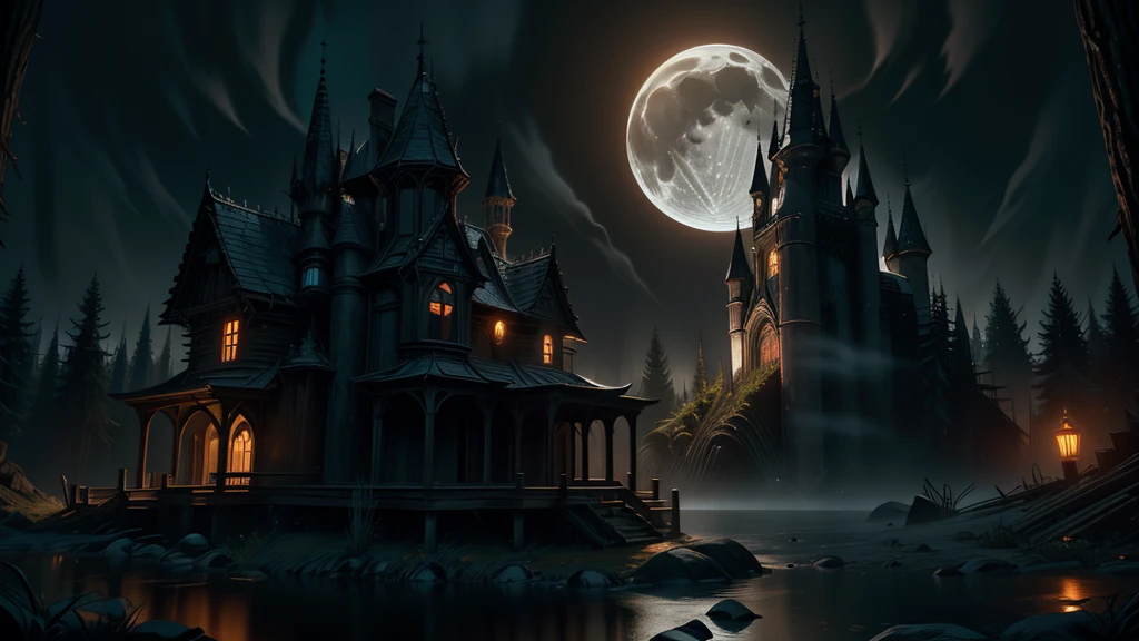 a beautiful haunting moonlit halloween night forest landscape, a dark mysterious castle in the background, a winding moonlit forest path, eerie moonlight, horror, spooky, (best quality,4k,8k,highres,masterpiece:1.2),ultra-detailed,(realistic,photorealistic,photo-realistic:1.37),cinematic lighting,dramatic shadows,moody atmosphere,dramatic lighting,vibrant colors,dark and moody,gothic,fantasy