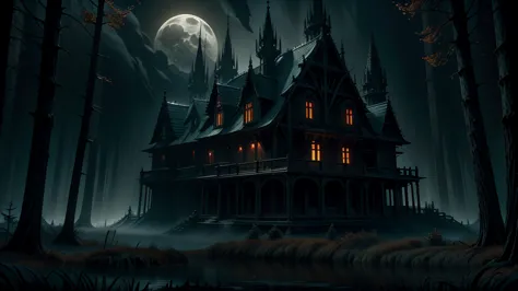 a beautiful haunting moonlit halloween night forest landscape, a dark mysterious castle in the background, a winding moonlit for...