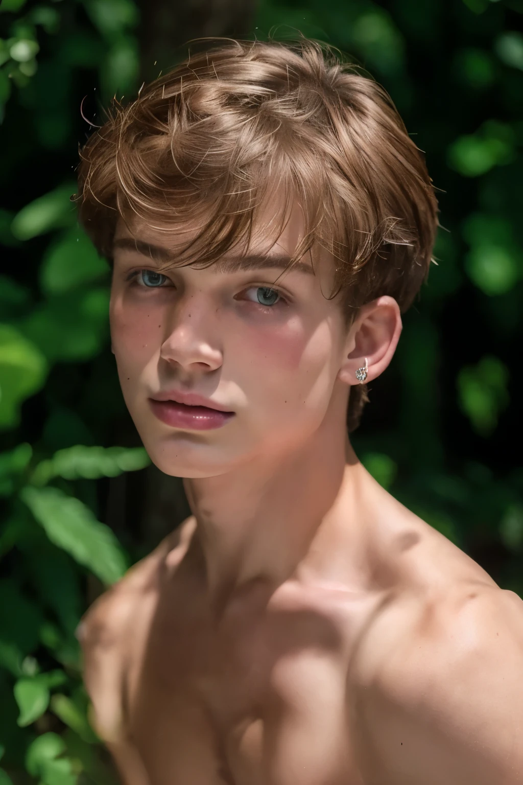 a photo of a twink guy, translucent skin, detailed  bright skin, pale skin, looking at viewer,  1,  brown hair,  seductive expression,jawline  4k high quality, sharp focus, high resolution, depth of field, outdoors, natural light,  DavidLaid, medium close portrait 