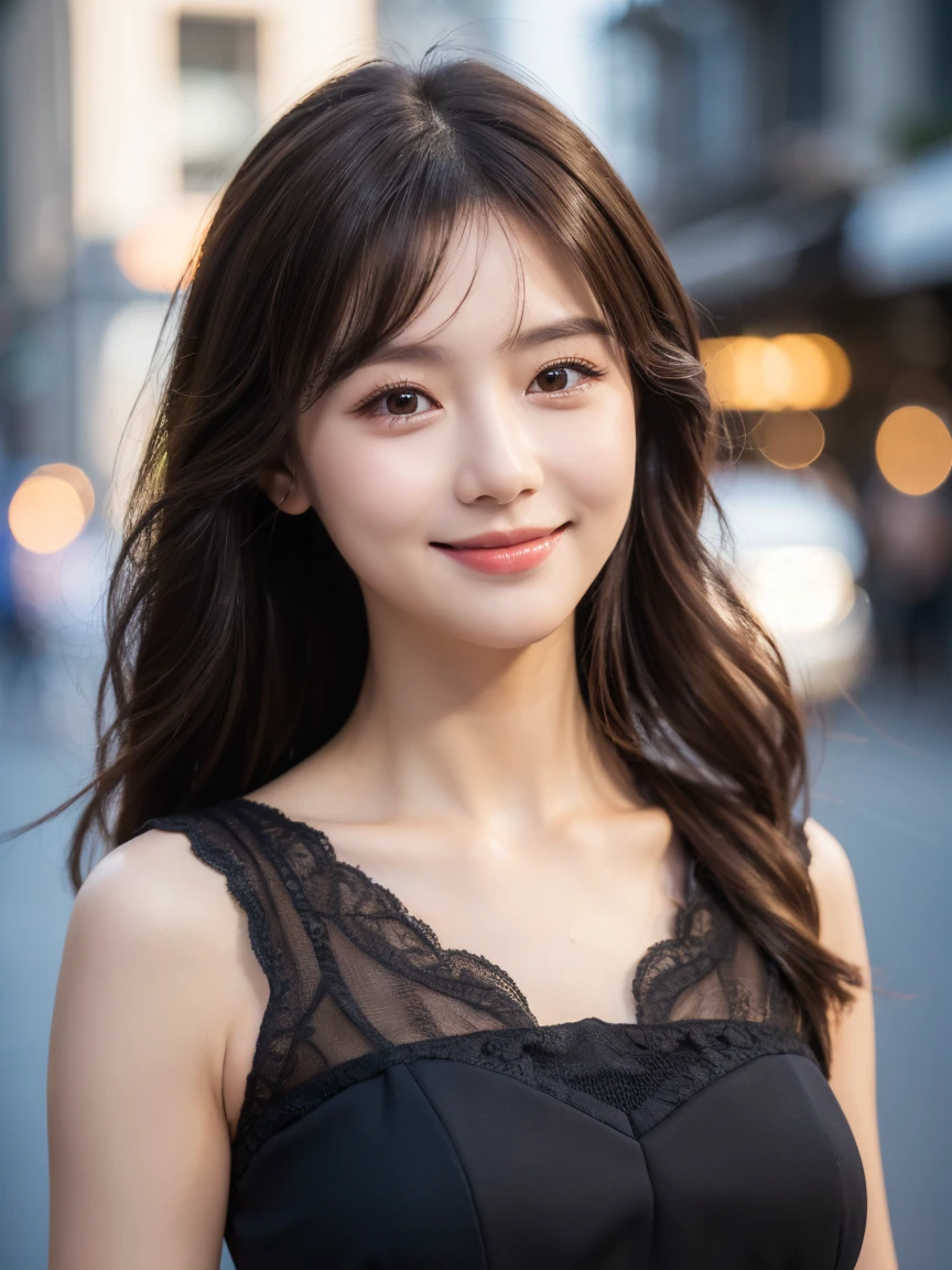 ((best quality, 8k, masterpiece :1.3)), 1 girl, smiling, whole body, face slimming, pretty Woman, (Dark brown hair), full length dress :1.1, Super detailed faces, delicate eyes, double eyelids, blurred background, face slimming, City, external, street, Random body orientation,