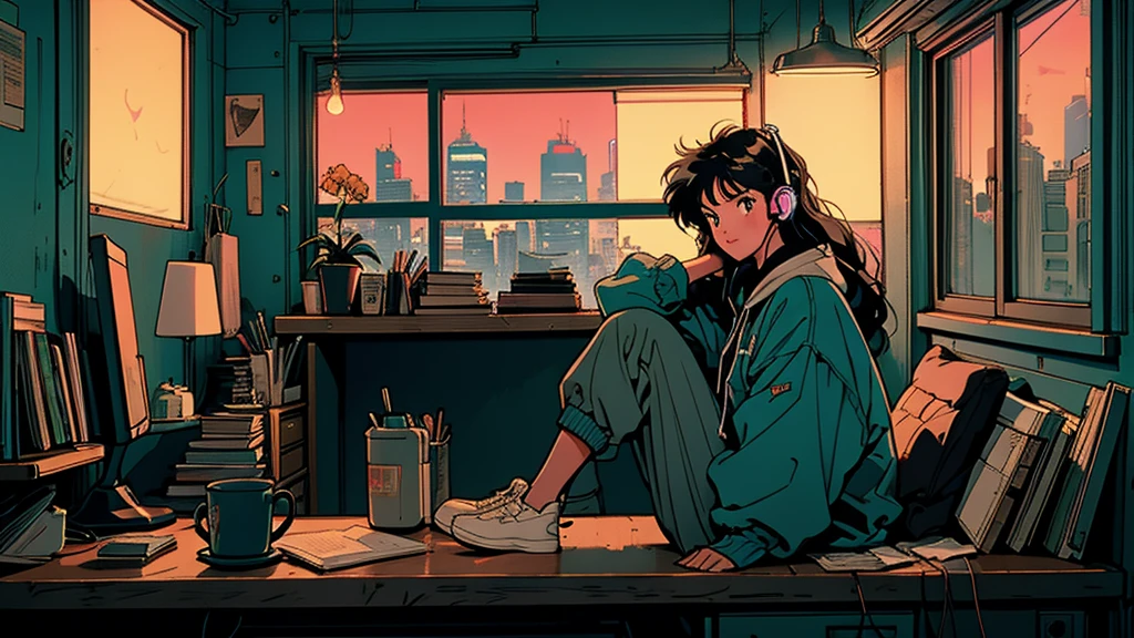 80s anime style: Wide shot of cute 21-year-old girl with long hair in dimly lit bedroom at night. Sitting at desk with books, wearing headphones and loose parka. Coffee, relax. Kind face looking at viewer. Full body visible in relaxed pose. Room lit by desk lamp. Large window shows vibrant Tokyo night cityscape with neon lights. High-quality illustration emphasizing contrast between dark room and bright city lights.