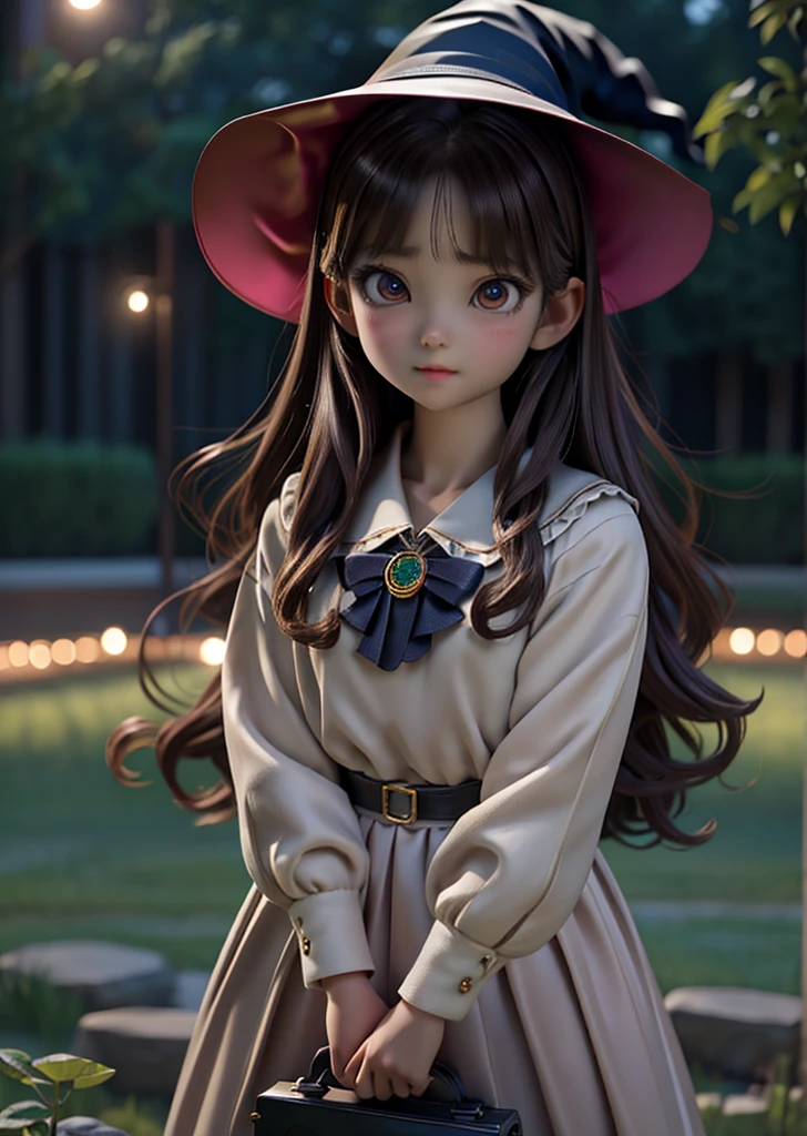 (masterpiece, Highest quality, Highest quality, Official Art, beautifully、beautiful:1.2), (Beautiful girl 1 person), Seiko Matsuda、Big eyes、(Very cute witch, About :1.3)、Seiko-chan cut、light brown hair with bangs,、Inward curled wavy hair,、Shining constellations, Late night while gazing at the starry sky、Grass garden、Background with spatial details、Realistic、Cinema Lighting