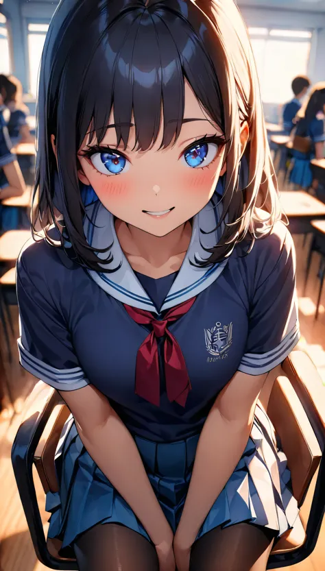 (Highest quality:1.2, Very detailed, up to date, Vibrant, 超High resolution, High Contrast, masterpiece:1.2, Highest quality, Best aesthetics), (((1 girl))), Beautiful school girl, A carefully drawn classroom, Navy blue polo shirt designated by the school, Pleated skirt, Professionalism, Bright colors, Soft lighting, Expressive eyes, Detailed lips, Long eyelashes, Pleasant atmosphere, incite inferiority, Obscene eyes, Lewd smile, Open your mouth, blush, Fatty face:1.2, ((Navy blue polo shirt, Short sleeve, Pleated skirt, 80 denier black pantyhose, Sitting on a chair)), Focus on , Positive Energy, Calm background, A nurturing presence, High resolution, Correct perspective, (Soft focus throughout).