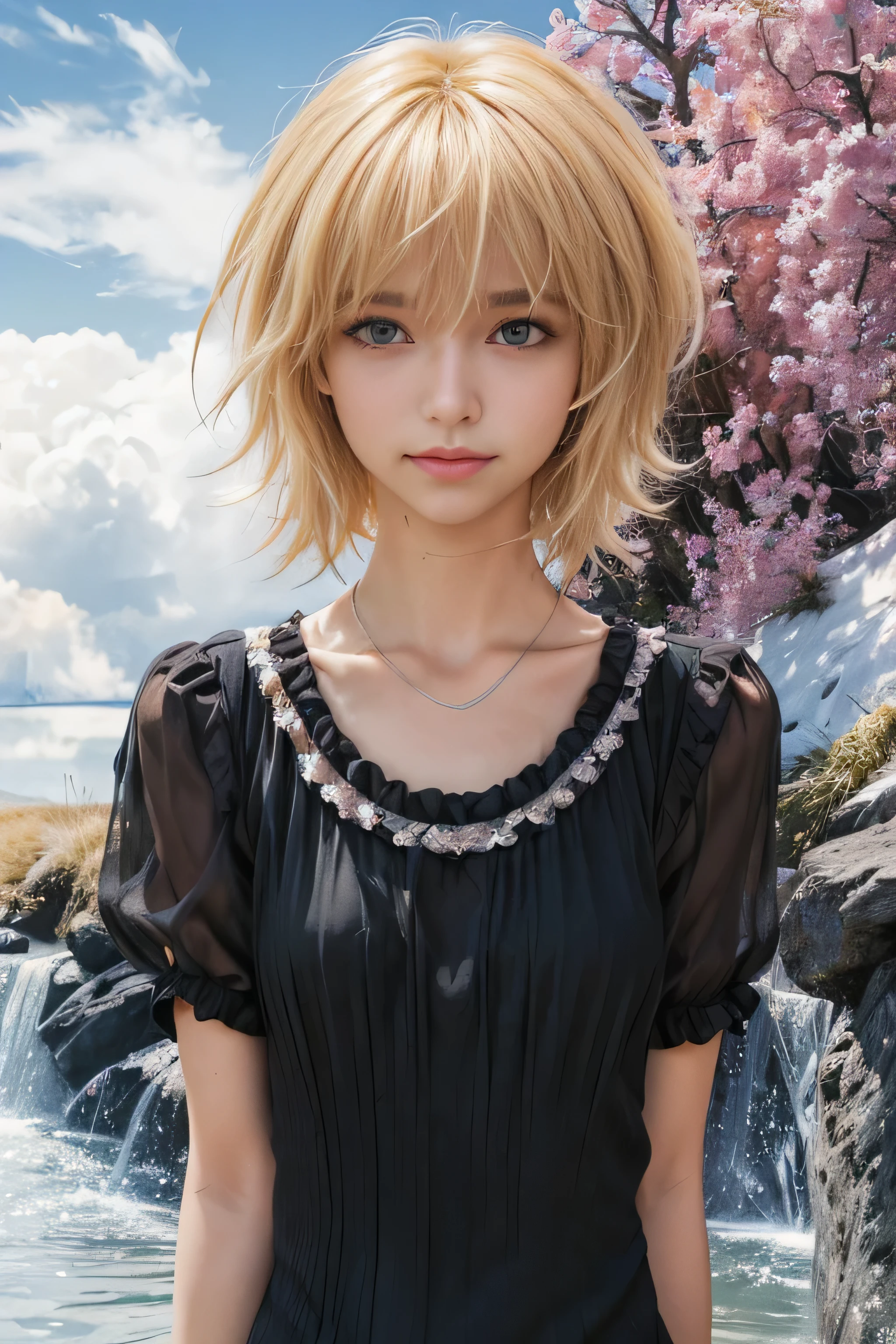 masterpiece, best quality, (realistic,photo-realistic:1.4), (RAW photo:1.2), extremely detailed CG unity 8k wallpaper, delicate and beautiful, amazing,finely detail, official art, absurdres, incredibly absurdres, huge filesize, ultra-detailed,extremely detailed eyes and face,light on face,(little smile),(blonde hair:1.4),(short hair:1.4),(wearing black dress:1.5),(nature background:1.4),(caramel eyes:1.6)